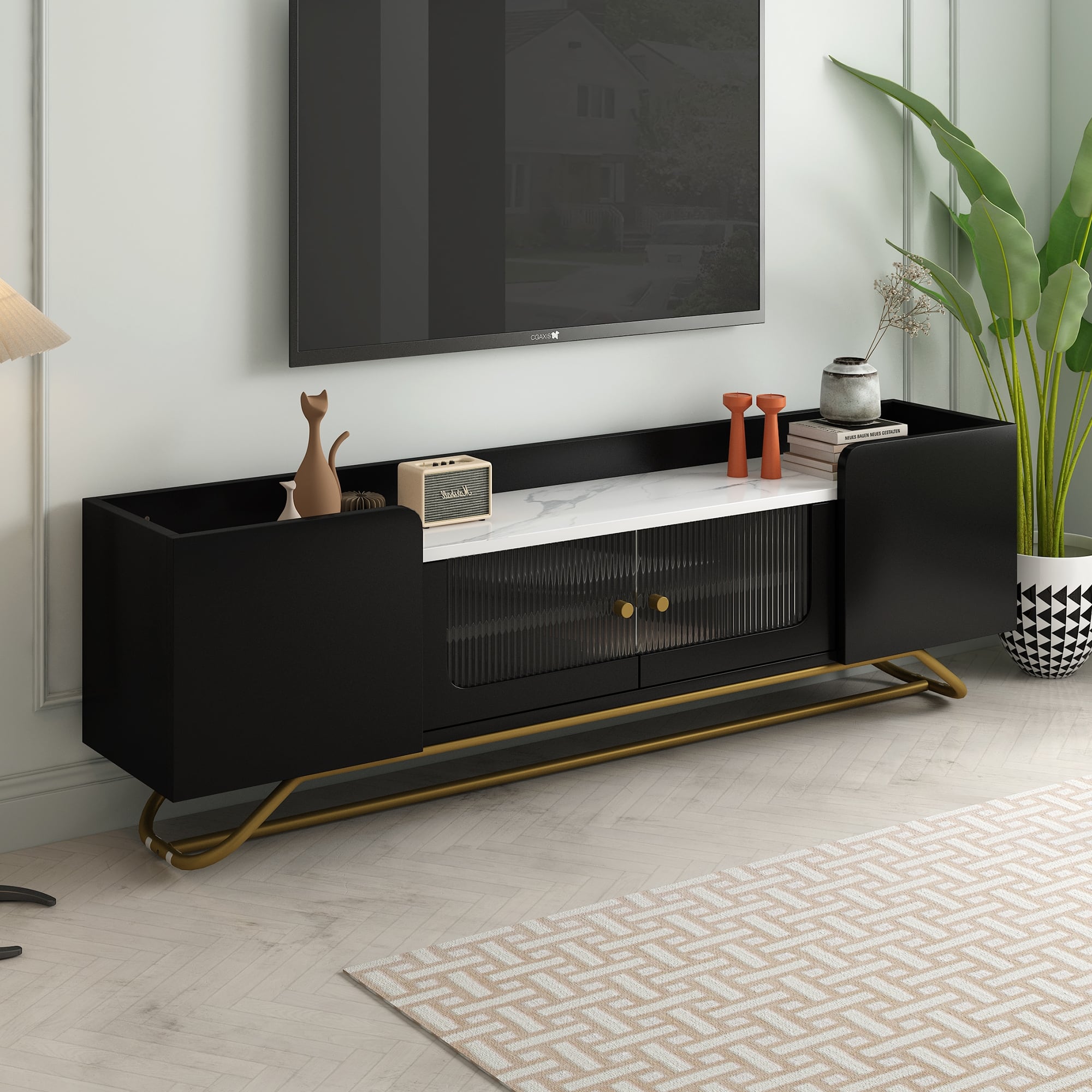 Sleek Design TV Stand TV Console Table with Fluted Glass, Contemporary
